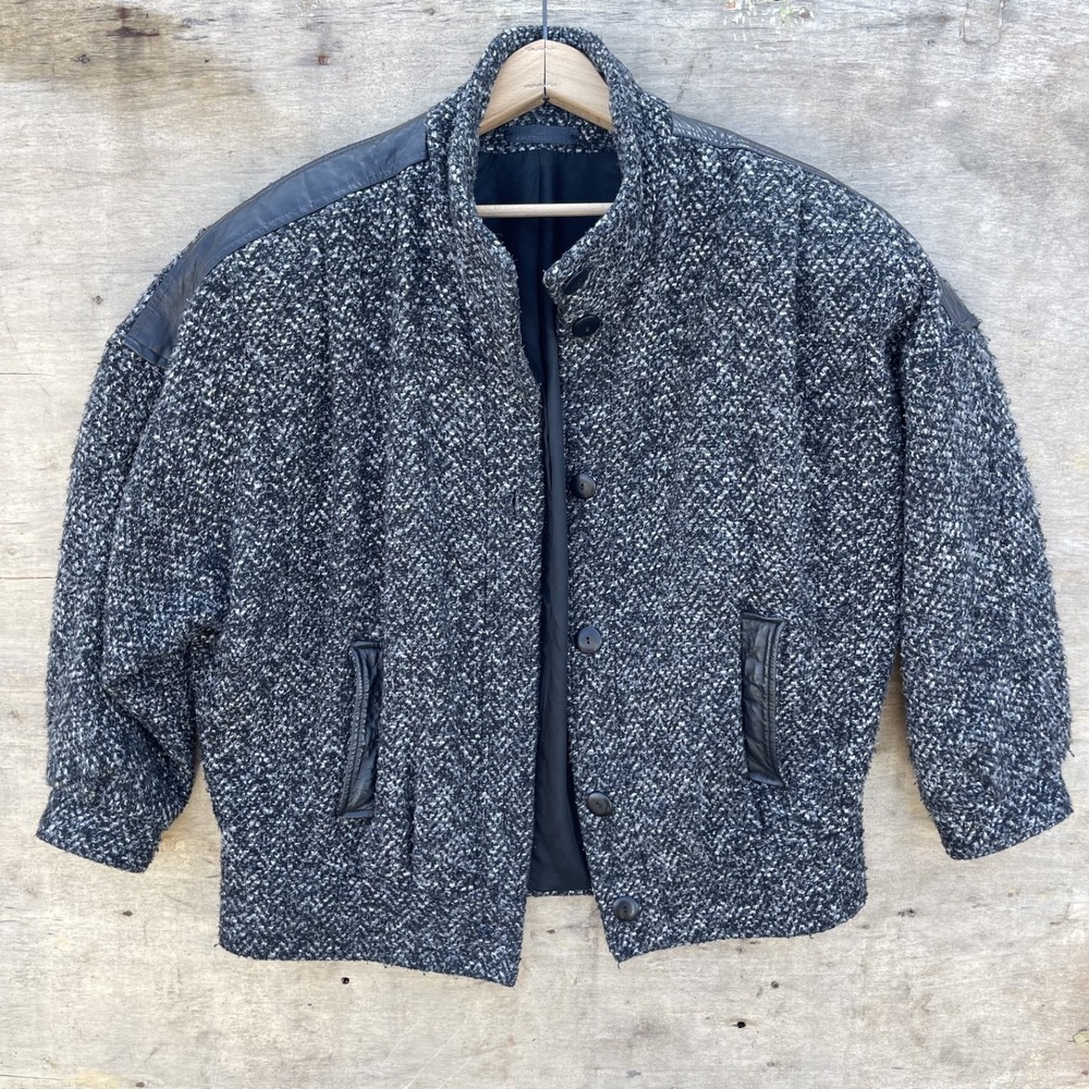 80s 90s Women's Tweed Wool Jacket SIZE 8 Black Leather Trim VTG